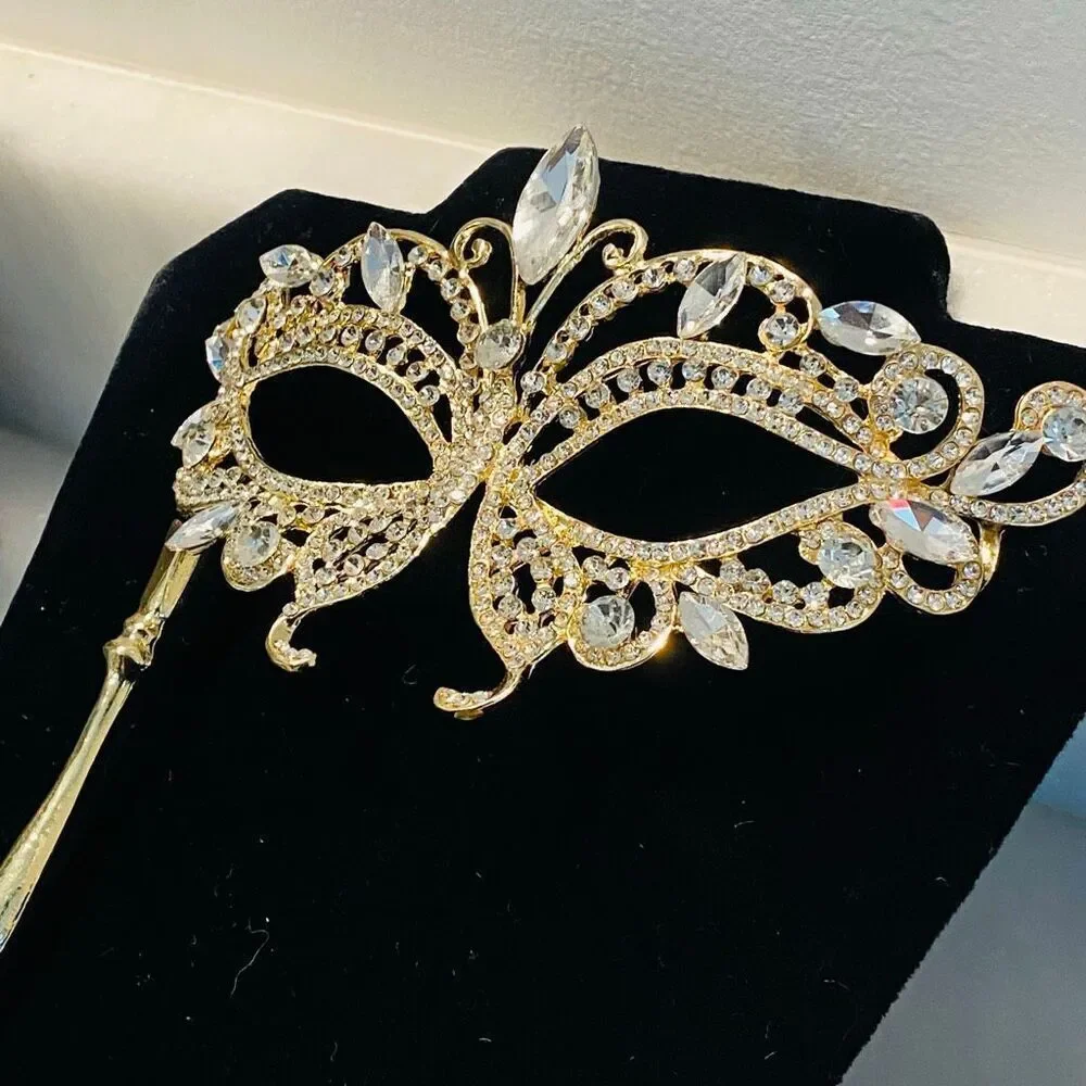 NWT AB Crystal Masquerade Rhinestone Prom Mask With Stick Handheld Gold-tone OS